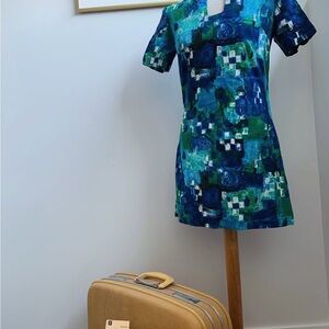 Vintage 60s Handmade Blue and Green Abstract Mini Dress